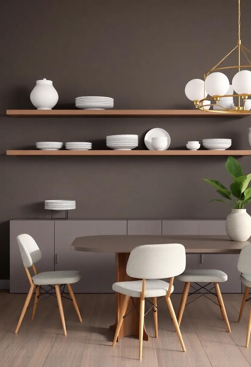 Incorporate shelving to display beautiful dishware ​or décor items, creating a visual interest and serving as conversation starters