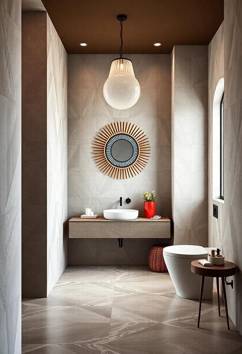 Art deco bathroom highlighting geometric patterns, bold color contrasts, and a sunburst mirror