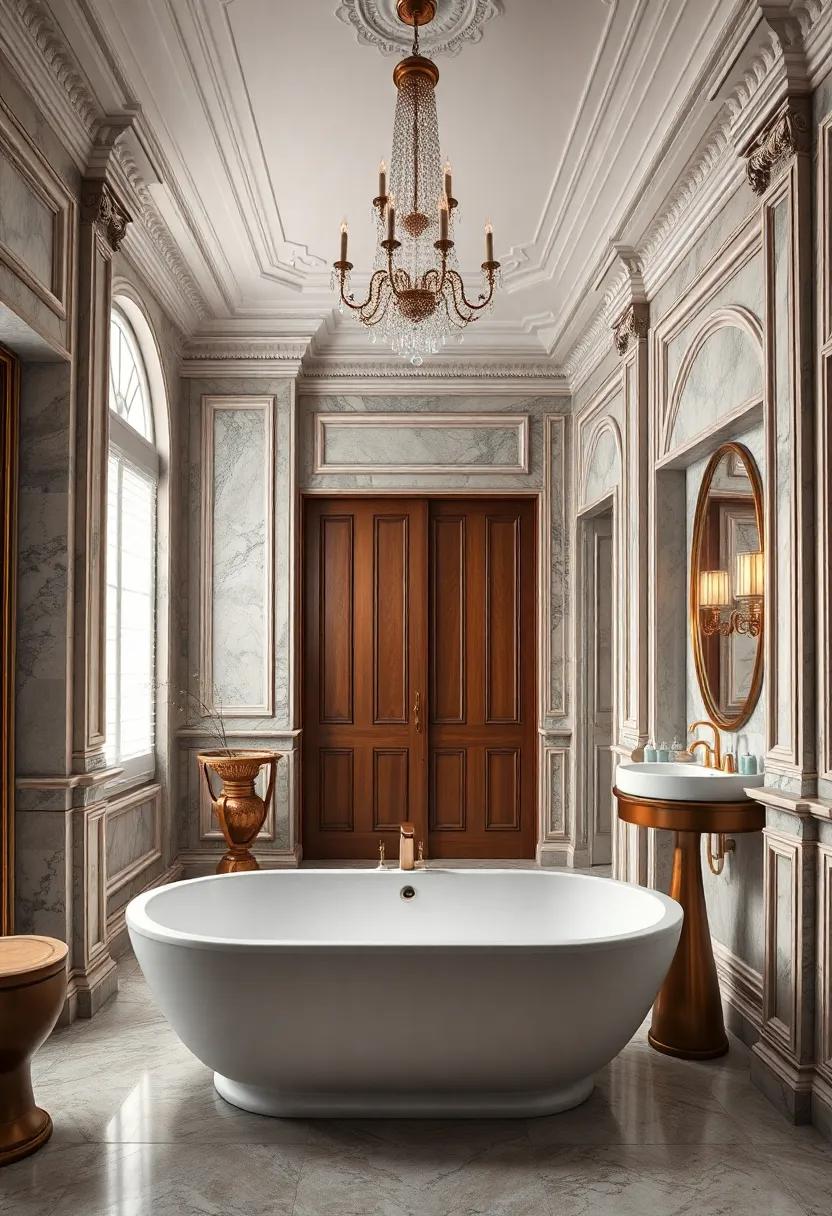 Classic‌ luxury bathroom with intricate moldings, a crystal chandelier, and a large jetted bathtub
