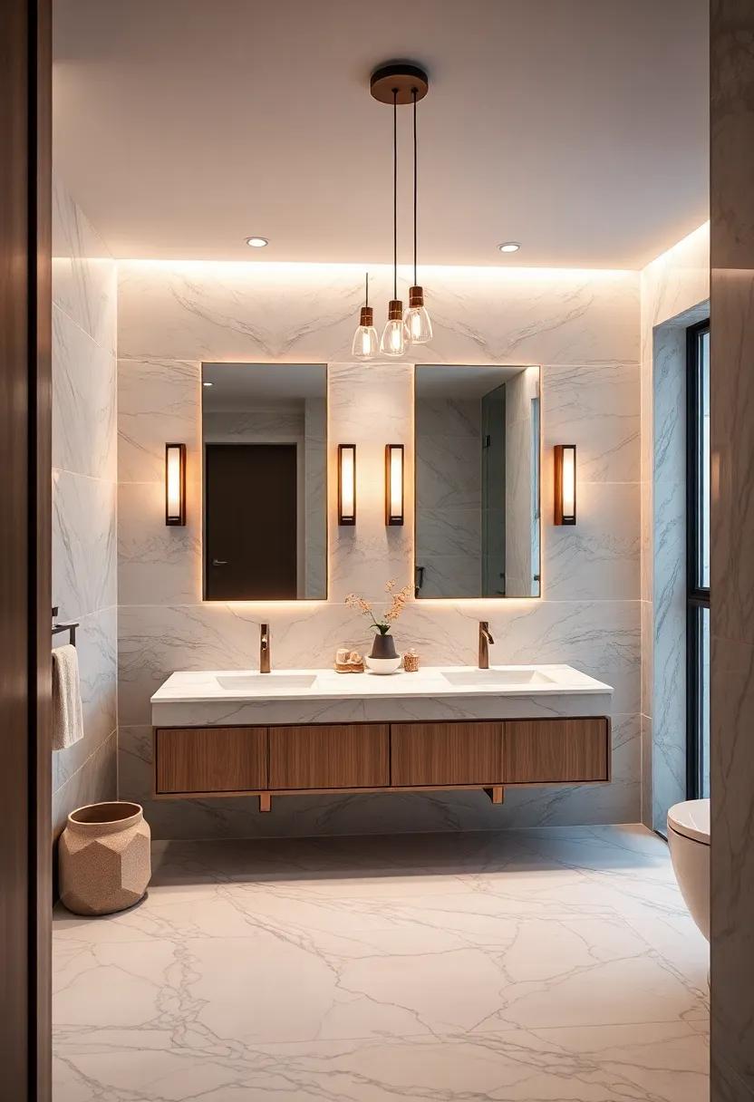 Classic⁤ marble bathroom with heated floors and a double vanity illuminated⁢ by elegant pendant lights