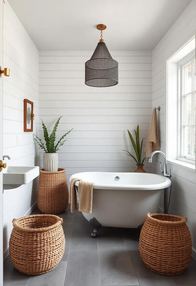 Coastal farmhouse bathroom with shiplap walls, a clawfoot tub, and woven baskets for ⁤storage
