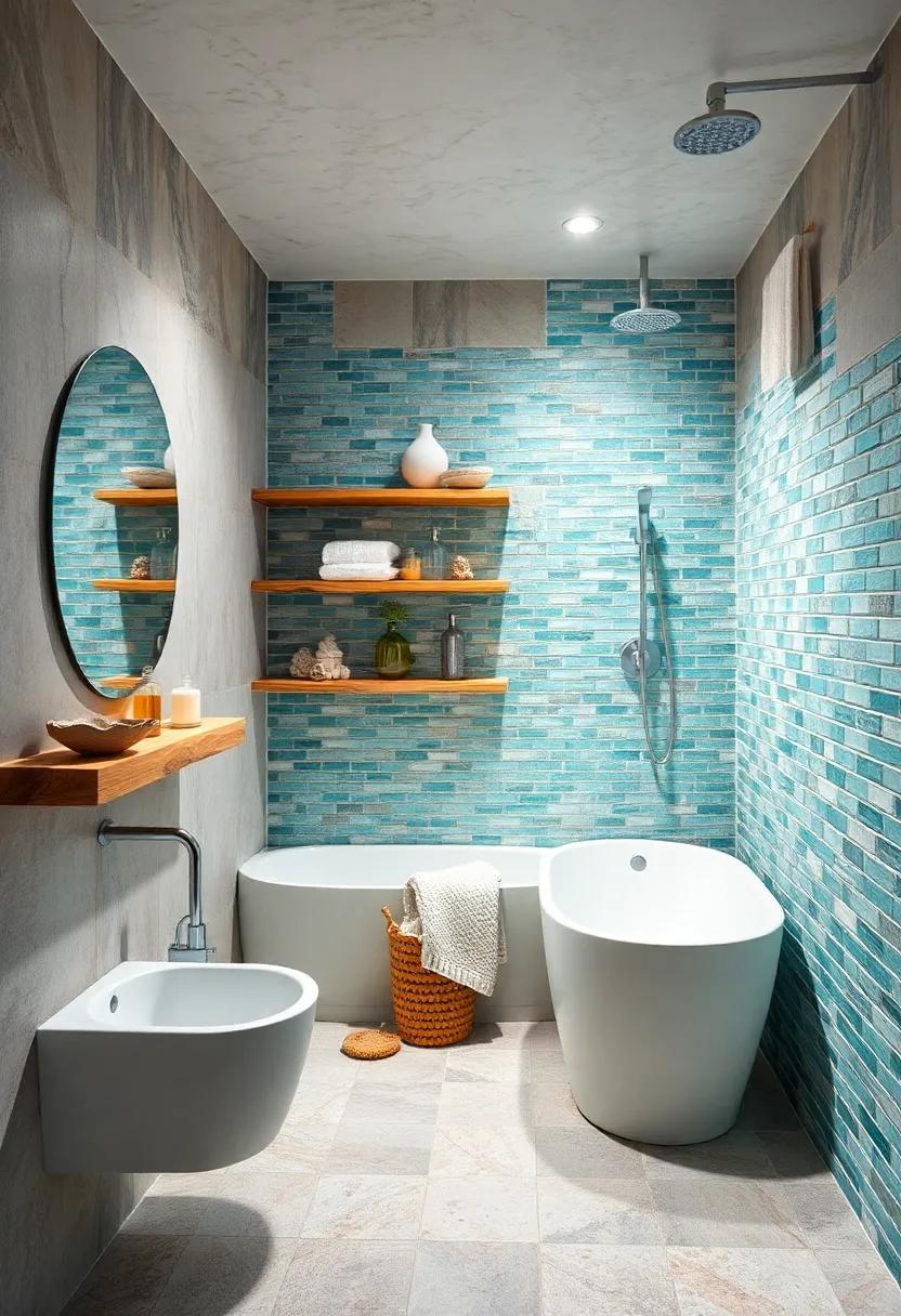 Coastal-themed bathroom with sea glass ​tiles, driftwood shelves, ⁢and⁣ a rainfall showerhead