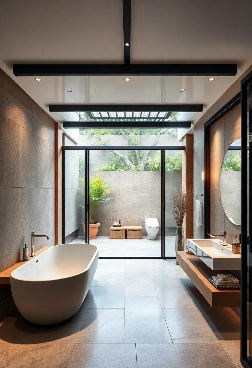 Contemporary‌ bathroom with a seamless indoor-outdoor design featuring retractable glass​ doors