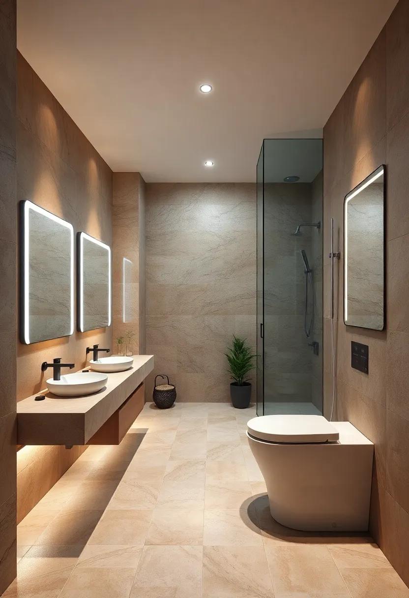 High-tech ‌bathroom equipped with smart⁢ mirrors, voice-activated lighting, and a self-cleaning toilet