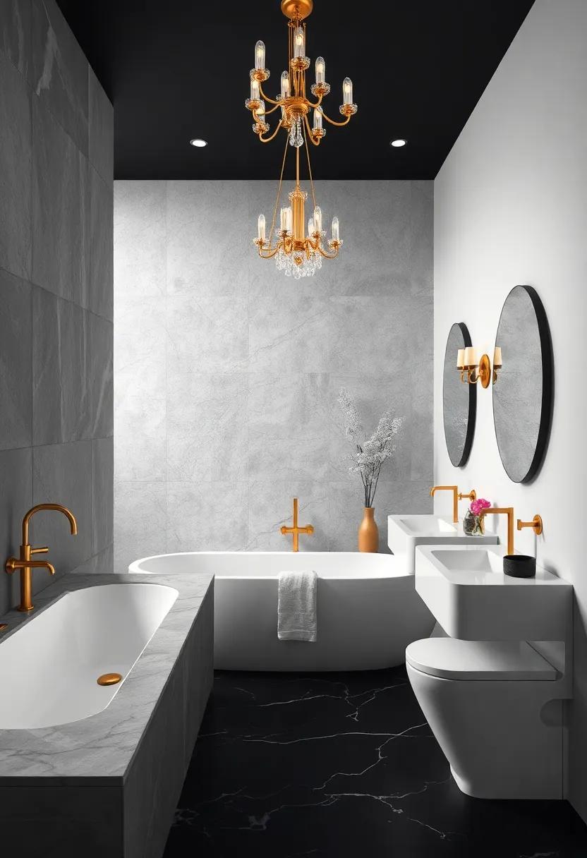 Minimalist black and ⁣white ‍bathroom accented by gold fixtures and a statement chandelier