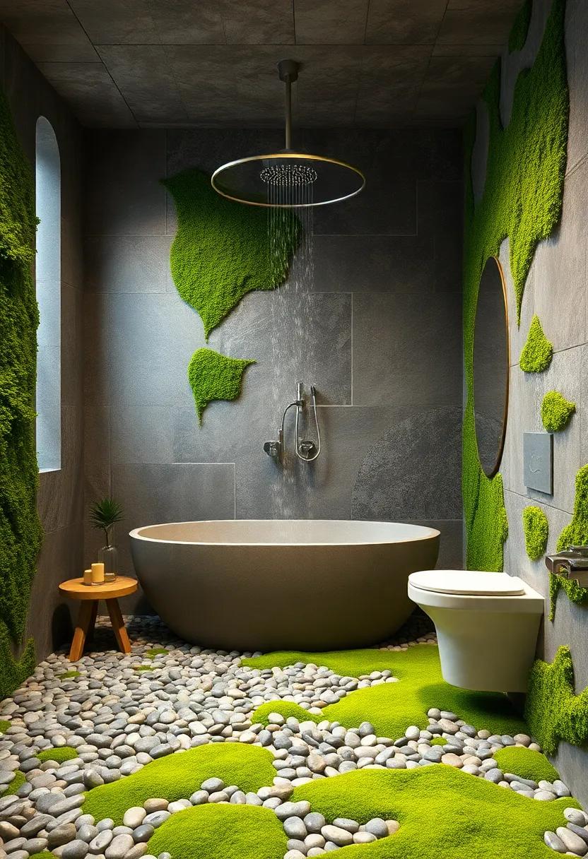 Nature-inspired bathroom with moss ‌walls, pebble flooring, and a waterfall showerhead