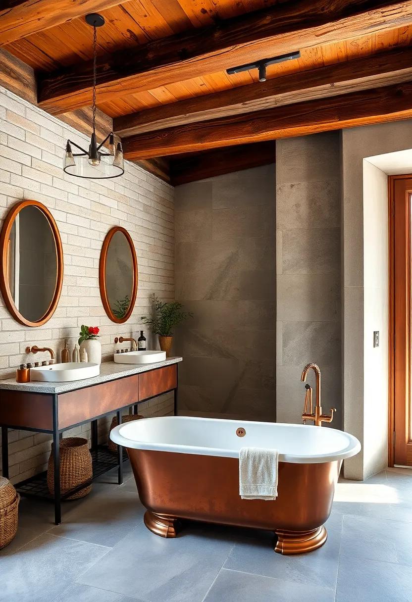 Rustic bathroom boasting reclaimed ⁤wood beams, a copper clawfoot ‌tub, and vintage mirrors