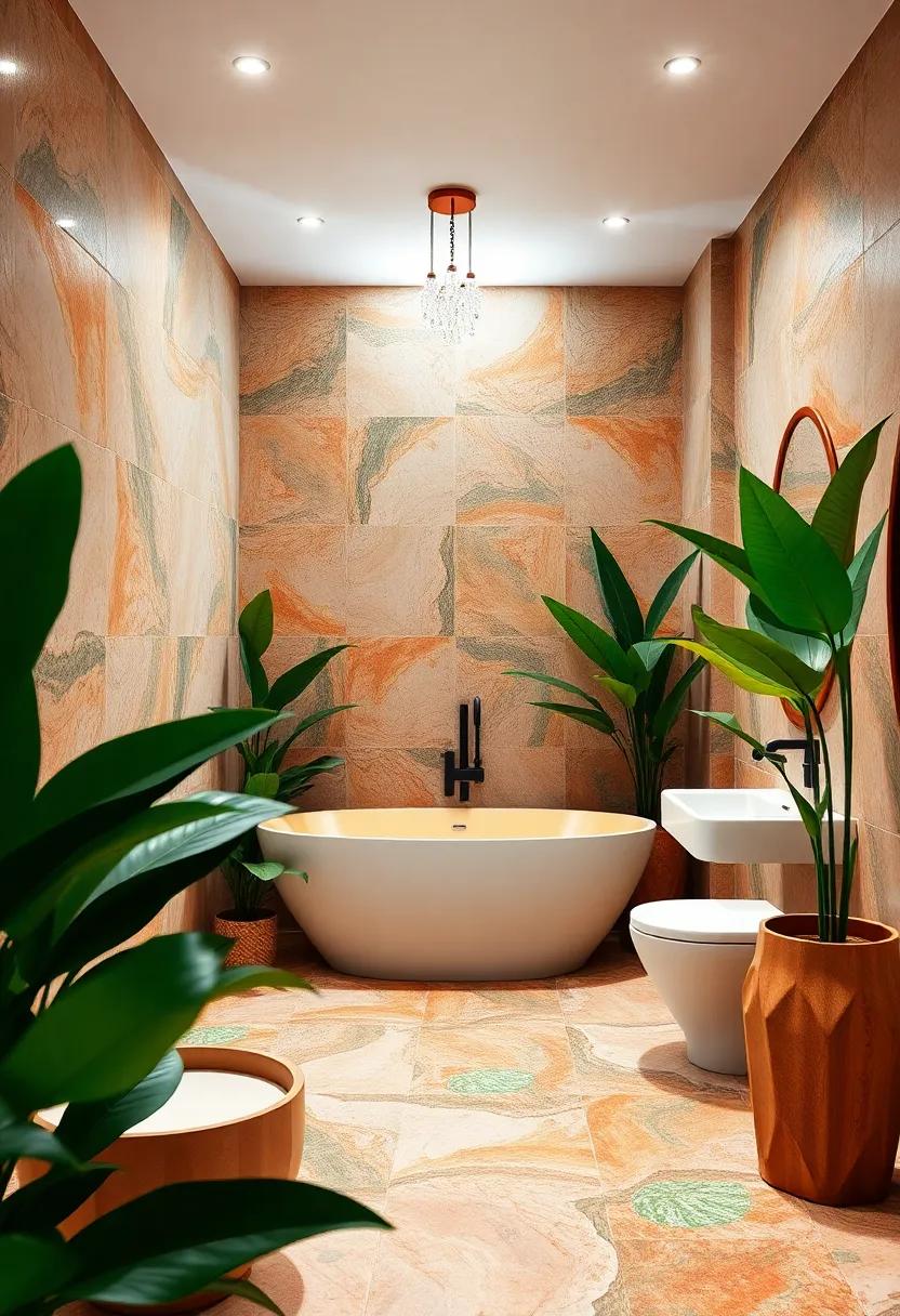 Tropical ⁤bathroom incorporating vibrant tile patterns, large leafy plants, and a rain ​shower