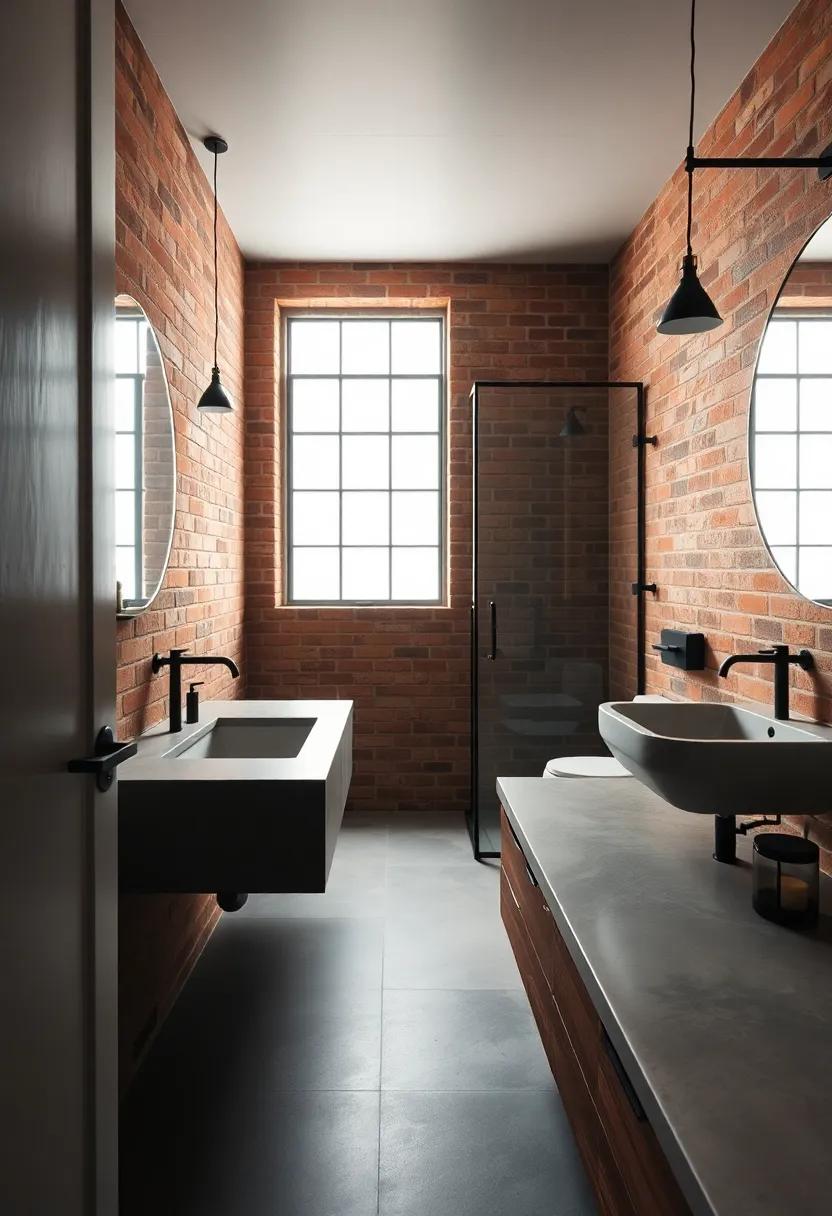 Urban industrial bathroom ​combining exposed brick walls,concrete countertops,and​ black steel fixtures