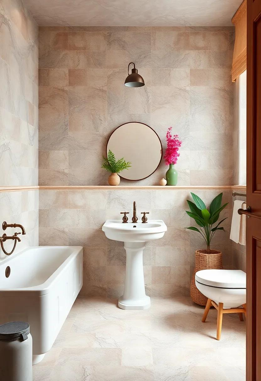 Vintage bathroom with pastel-colored tiles, a pedestal⁢ sink, and antique ​brass ​faucets