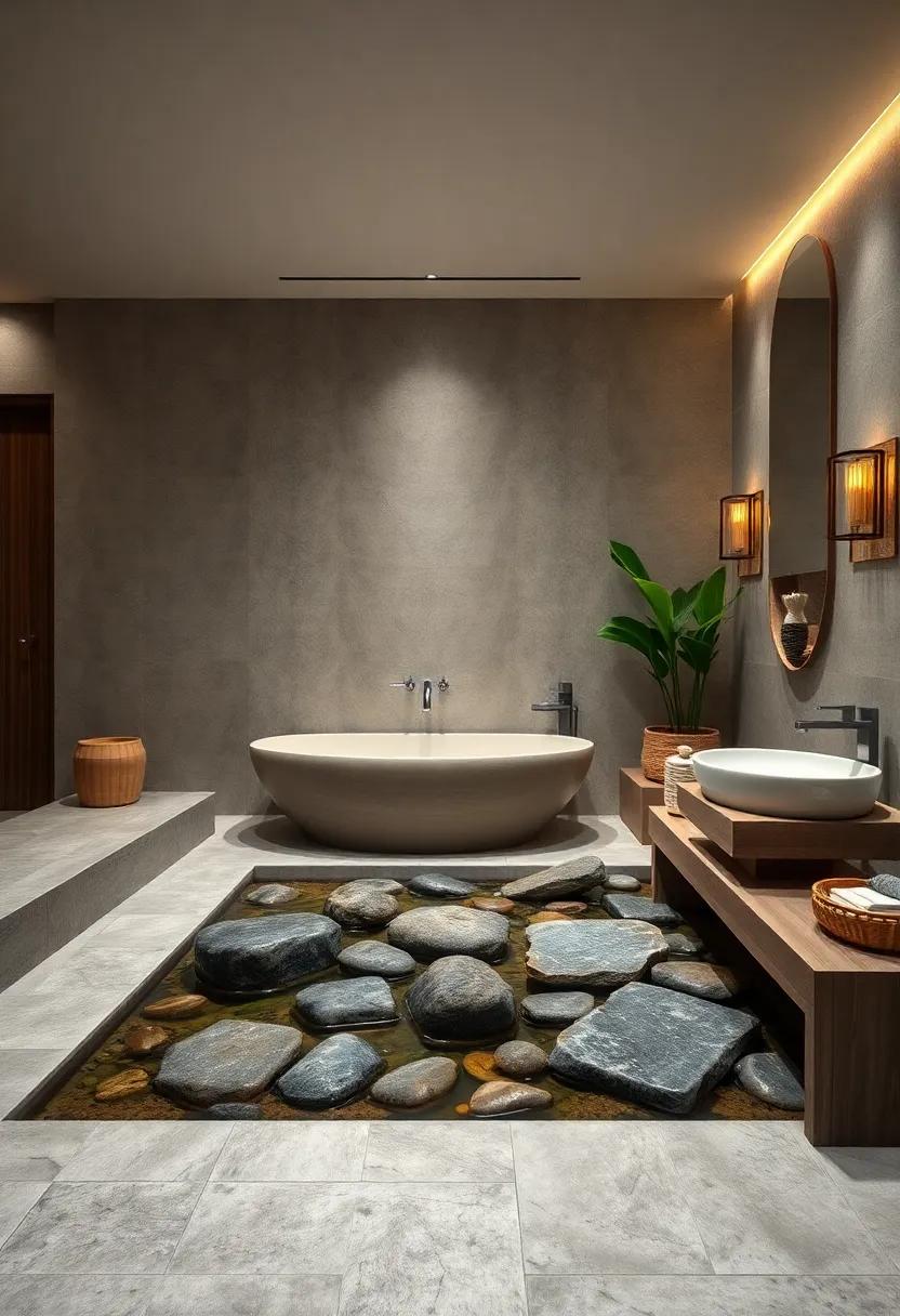 Zen garden bathroom incorporating smooth river stones, bamboo accents, and minimalist fixtures