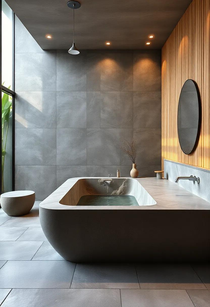Zen-inspired bathroom with bamboo paneling, a stone soaking tub, and soothing water features