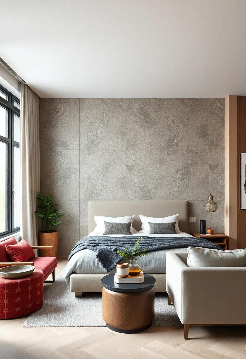 Bold geometric Patterns Carved Into Textured wall Panels Paired With ​Minimalist Furnishings for Urban Chic