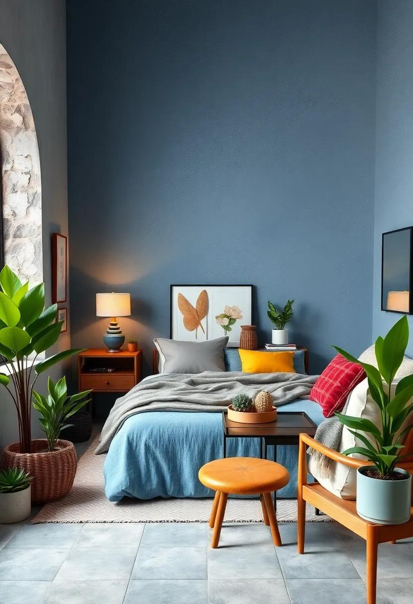 Chambray Blue Textured Walls ‌Enhanced by Mid-Century Modern Furnishings and Potted Greenery for Cool Calm