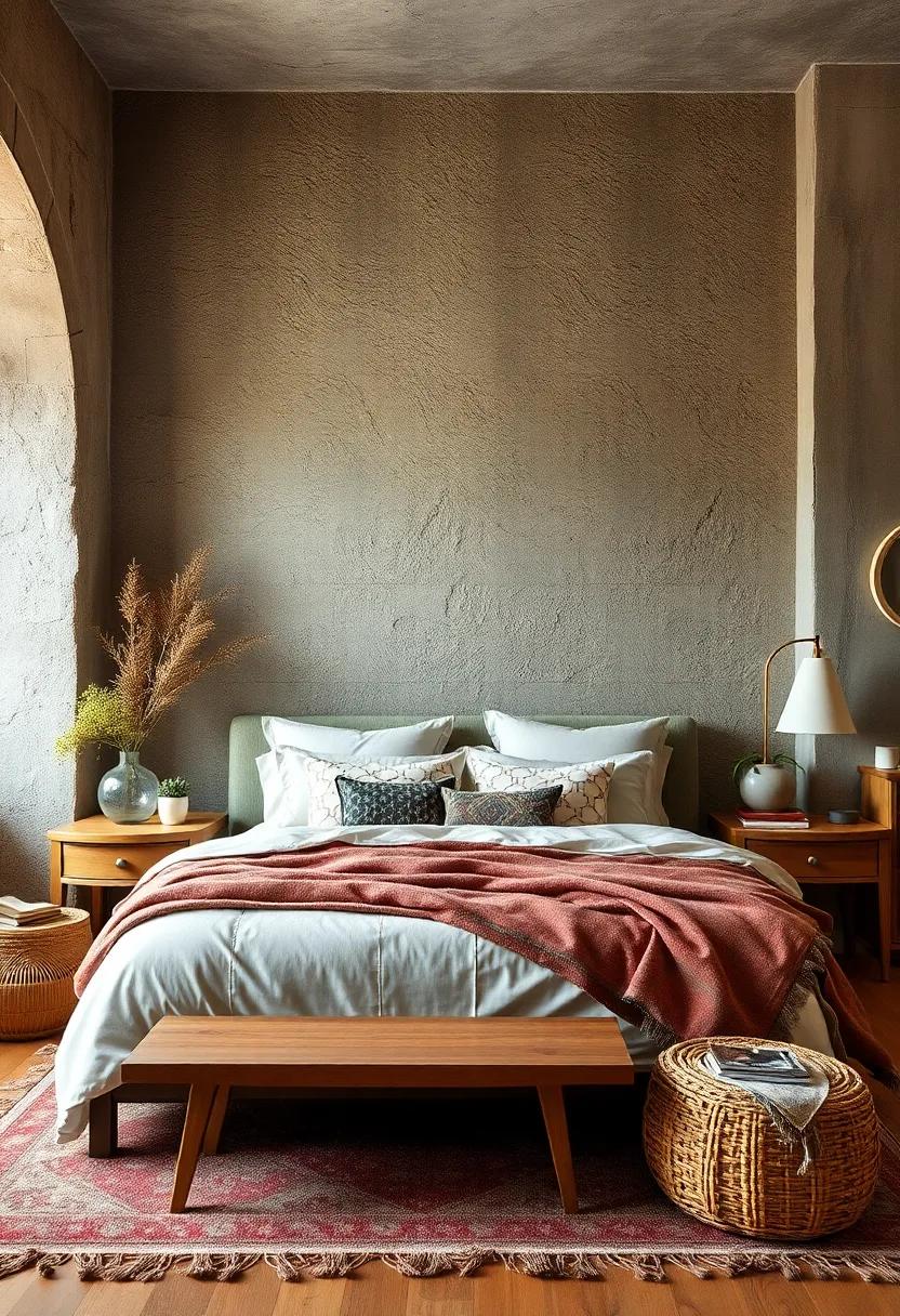 embracing the Warmth of Rustic Textured Walls‌ With Vintage Fabrics and Cozy Bedding for⁤ a Bohemian Bedroom