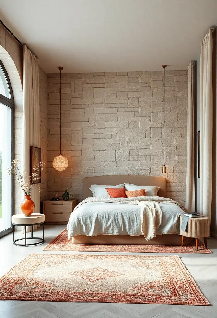 Natural Stone ‍Textured Walls Complemented ‍by Earthy Rugs and linen Drapes to​ Inspire tranquil Elegance