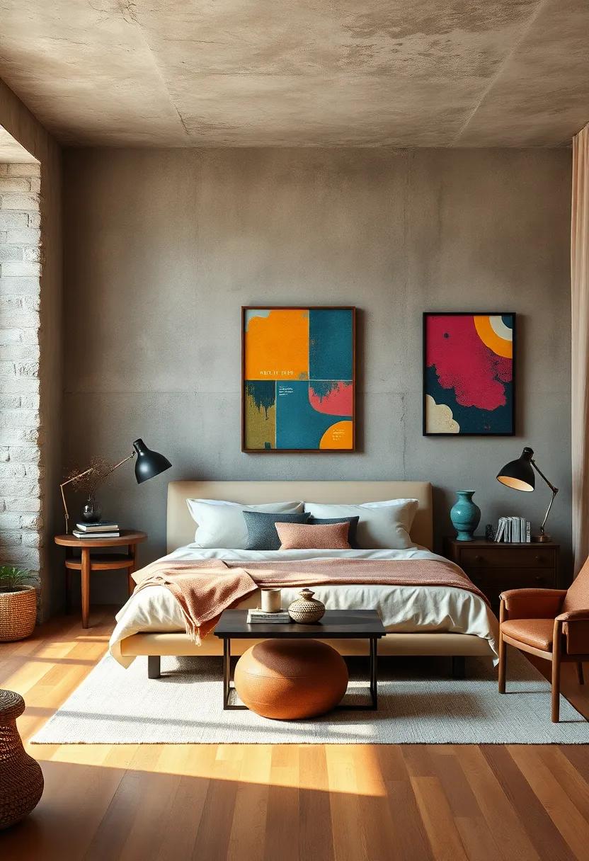 Raw Concrete Walls ⁤Enhanced by Vibrant Art and Industrial Accents​ for a ​Modern⁢ Eclectic ‌Loft Ambiance