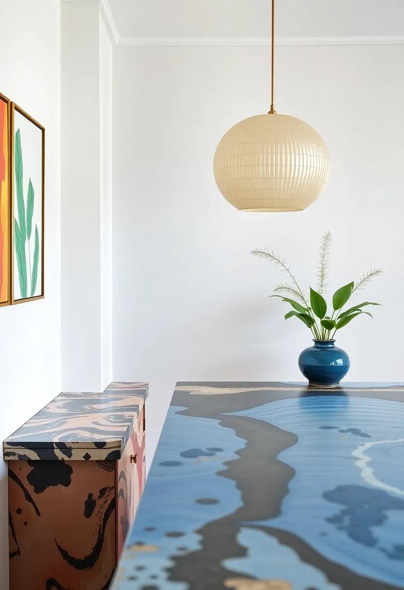 Integrate Artistic Surfaces: Use painted tables or colorful countertops to bring art and functionality together seamlessly