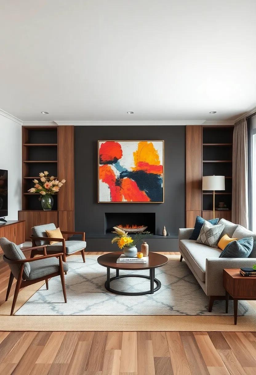 Balance ‌a bold, ‌abstract art ‌piece with neutral mid-century furnishings to let the artwork take center stage