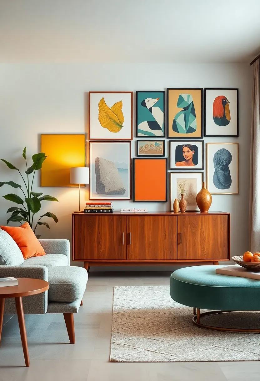 Showcase a mid-century modern‍ credenza next⁢ to ‌an⁤ eclectic gallery wall⁢ filled with contrasting art styles