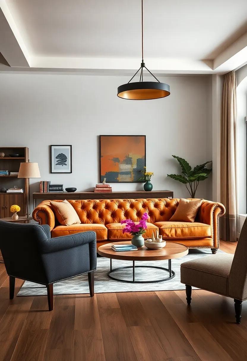 Arrange ‍a tufted Chesterfield couch⁣ with industrial pendant lighting to contrast ‍softness with raw elements