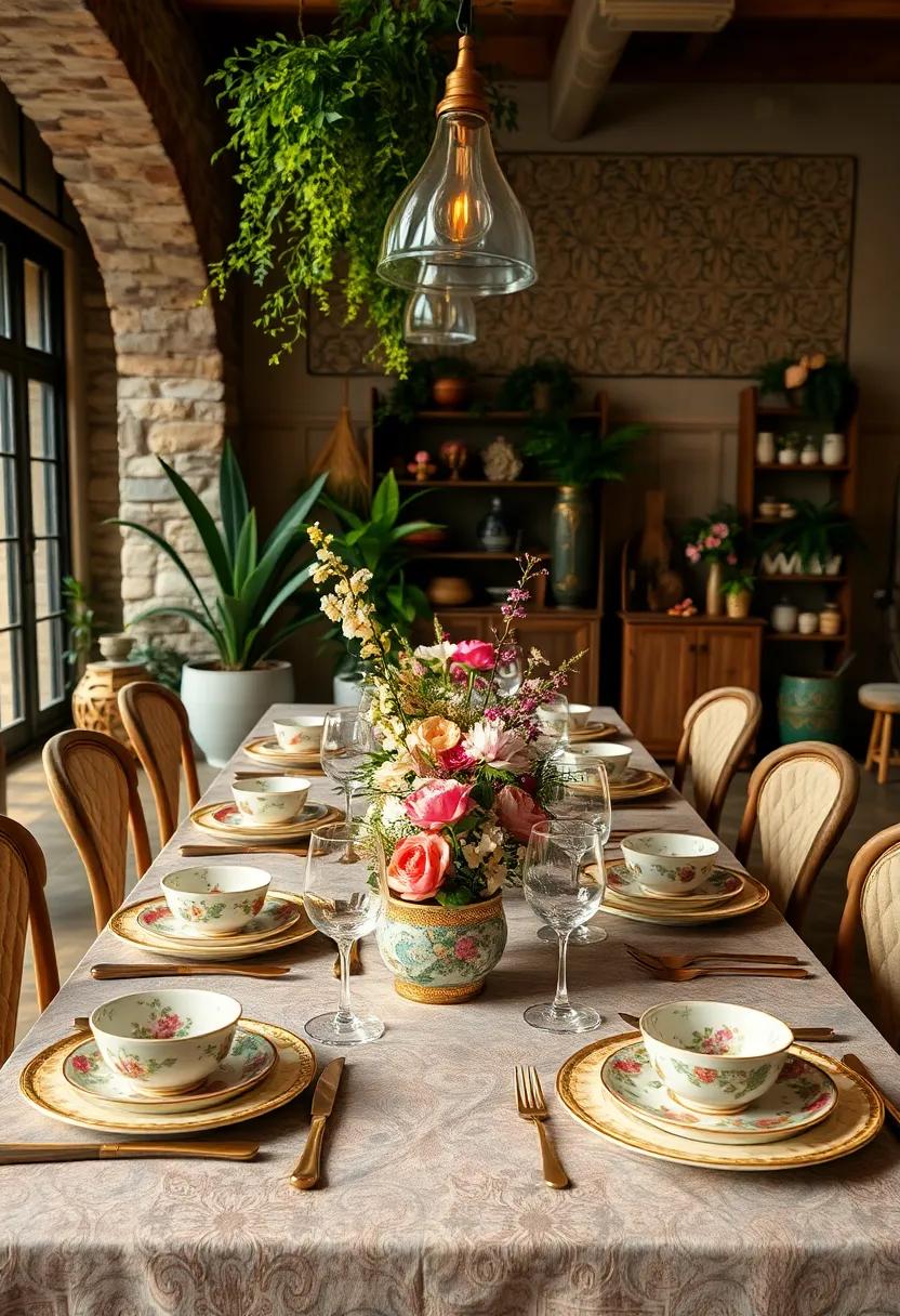 A⁢ mix of floral china paired with ‌brass flatware creates an inviting vintage ⁣garden party vibe