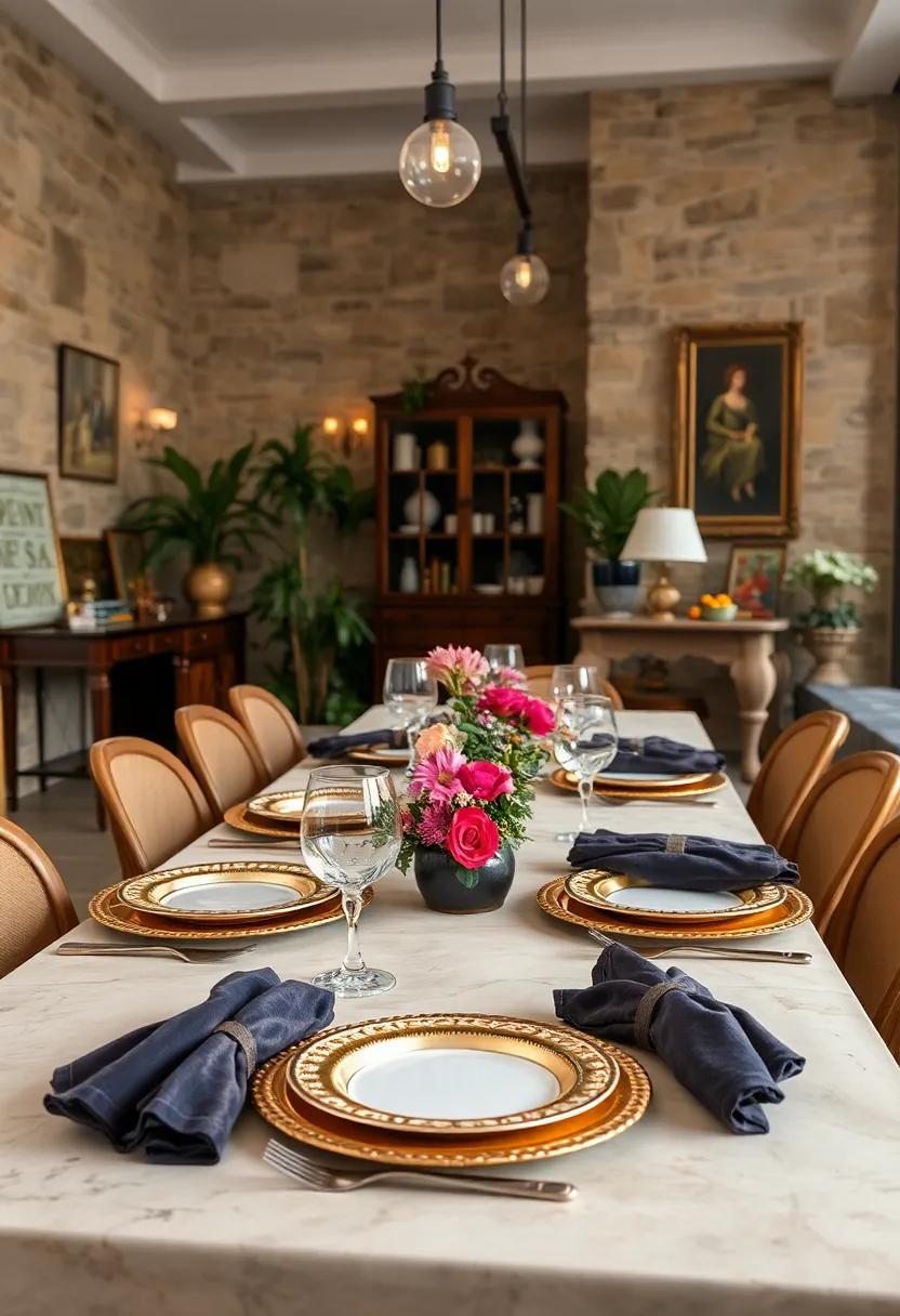 Ornate gold-trimmed plates with velvet napkins lend an air of Victorian grandeur
