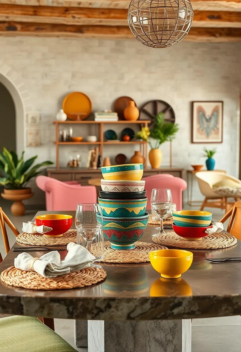 Colorful mid-century‌ ceramic bowls ‍stacked atop natural fiber mats add a vibrant,eclectic touch