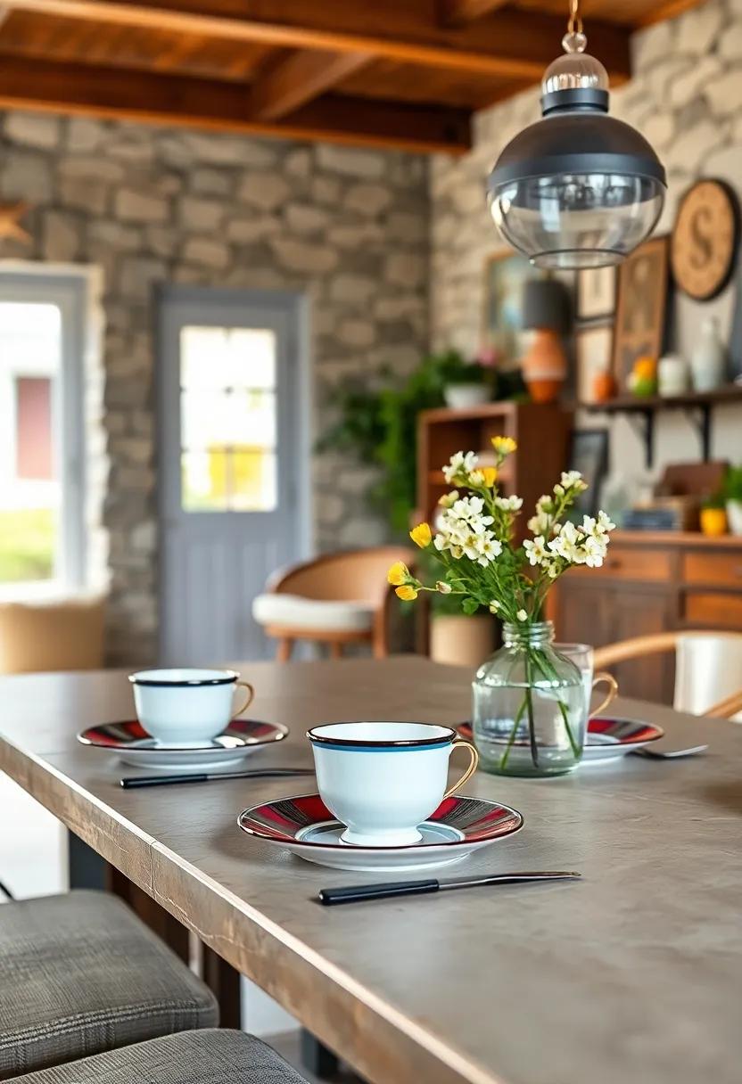Retro enamelware chargers topped with delicate tea cups ‌capture mid-century​ farmhouse style
