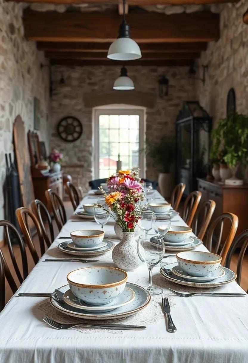 Speckled stoneware plates layered over lace‌ tablecloths‍ deliver a quaint​ countryside elegance