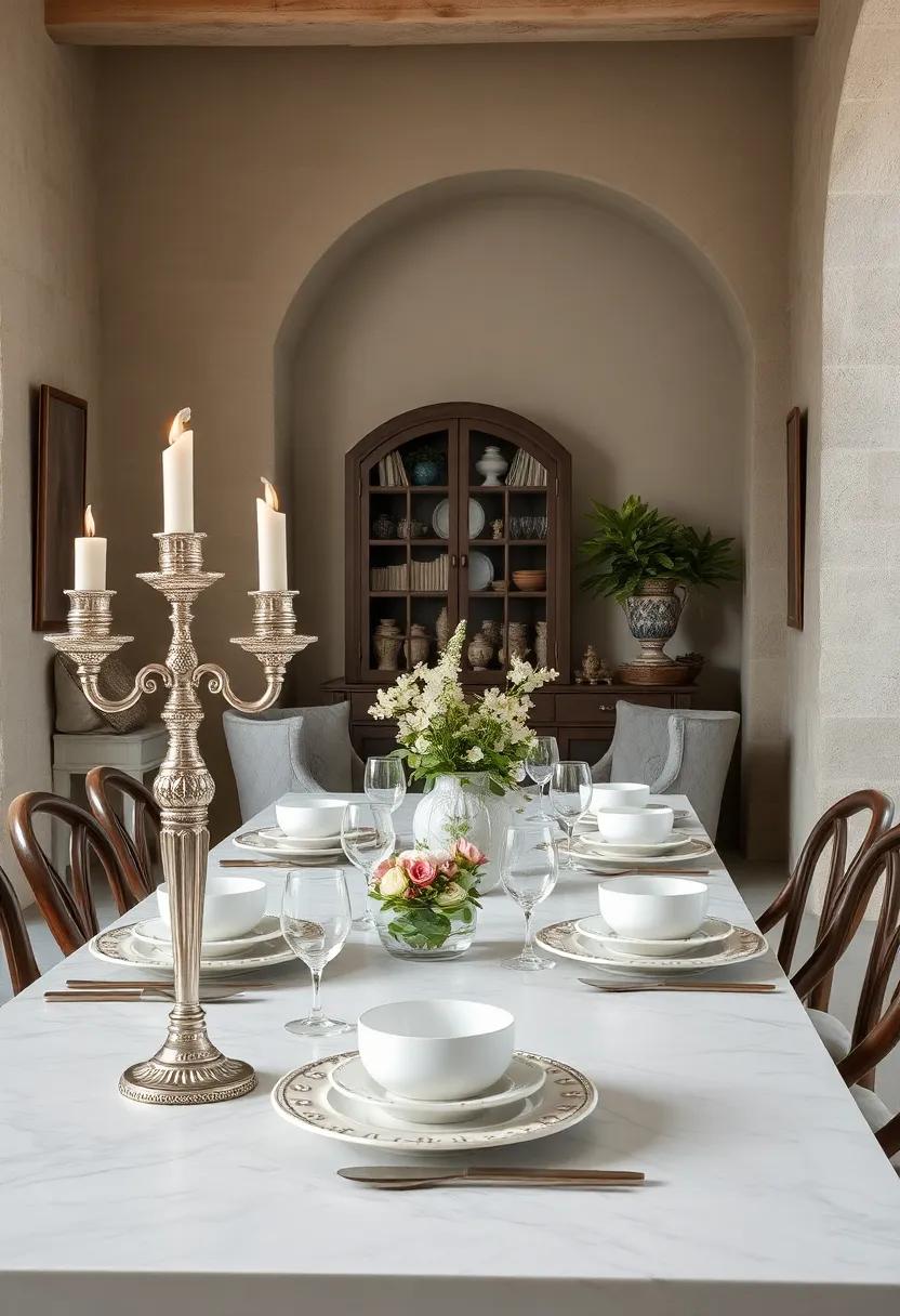 Victorian-inspired silver candelabras​ combined ‍with‍ soft white porcelain set a dramatic tone