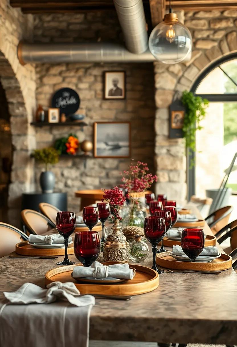 Rich burgundy glassware alongside antique wooden trays ⁢evokes deep, cinematic warmth