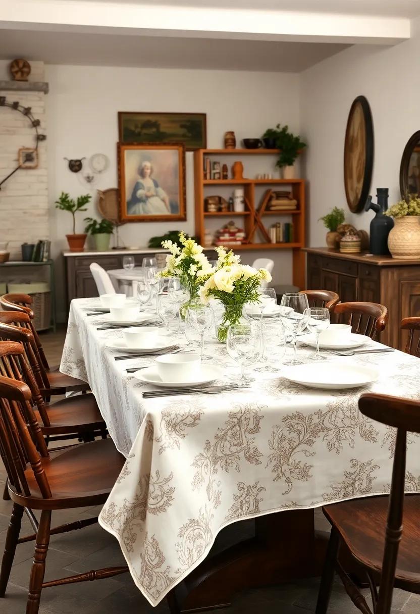 Classic toile print tablecloths paired with simple white ‍china offer understated vintage beauty