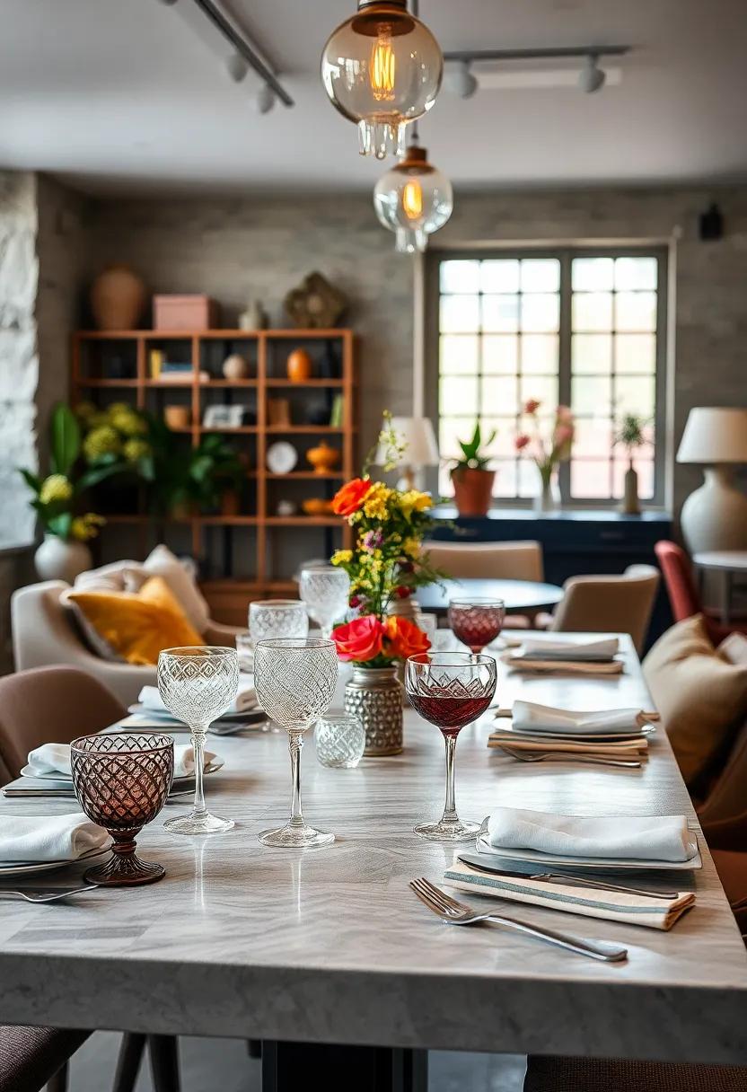 Delicate pastel-hued ‌glass tumblers mixed with fine bone china offer a soft, romantic touch