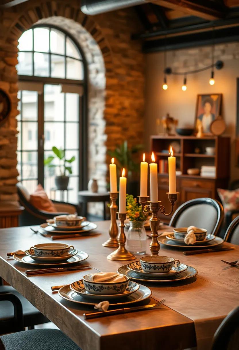 Vintage brass candle holders paired with retro ceramic plates transform any space into an enchanting haven