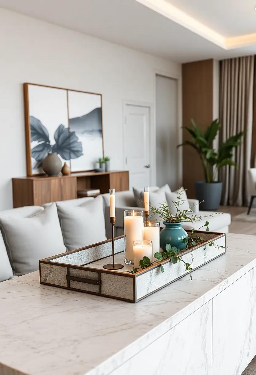 Incorporate a tray⁣ with ⁤scented candles ⁣and delicate‍ greenery to invite warmth⁣ and tranquility‍ into your living room