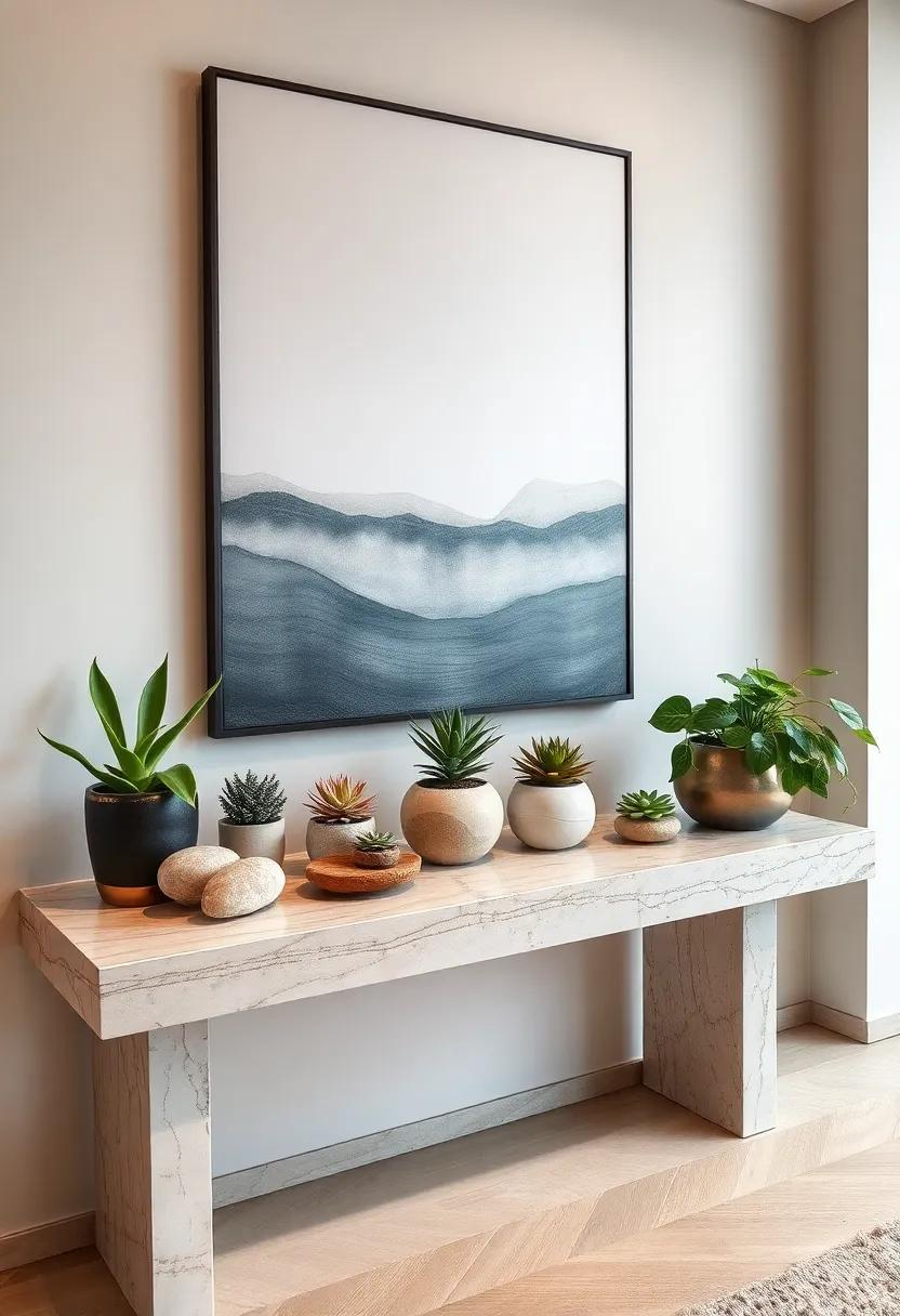 Style with a curated ⁢selection of small potted‌ succulents and natural ⁢stones for a‌ subtle organic vibe