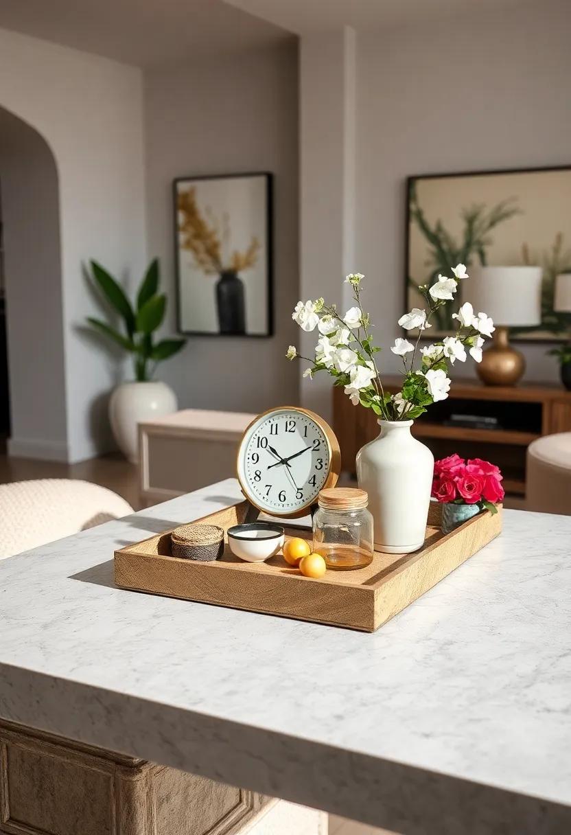 Integrate a chic,​ decorative ‌tray topped ‌with a⁢ vintage clock and unique finds from your travels