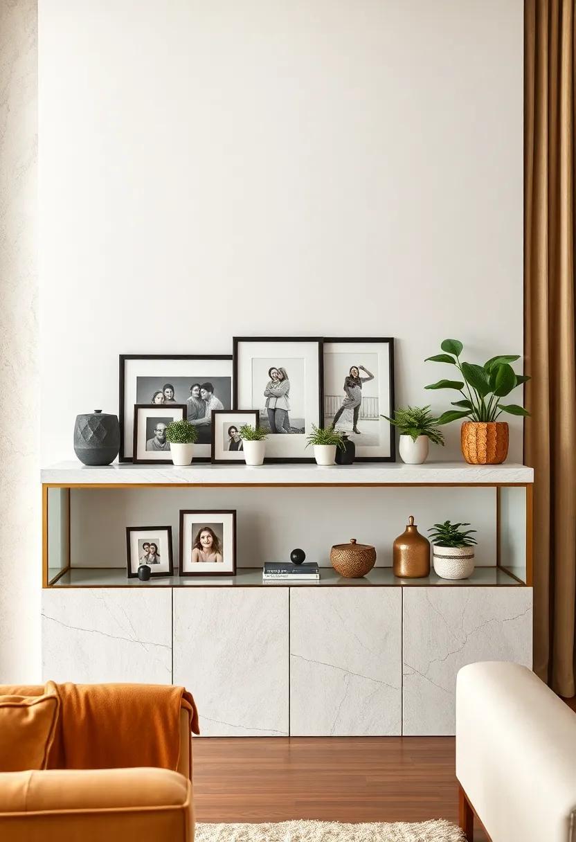Display an eclectic ⁢collection of⁣ framed family photos ​alongside ‍small​ potted​ plants for a personal​ yet elegant touch