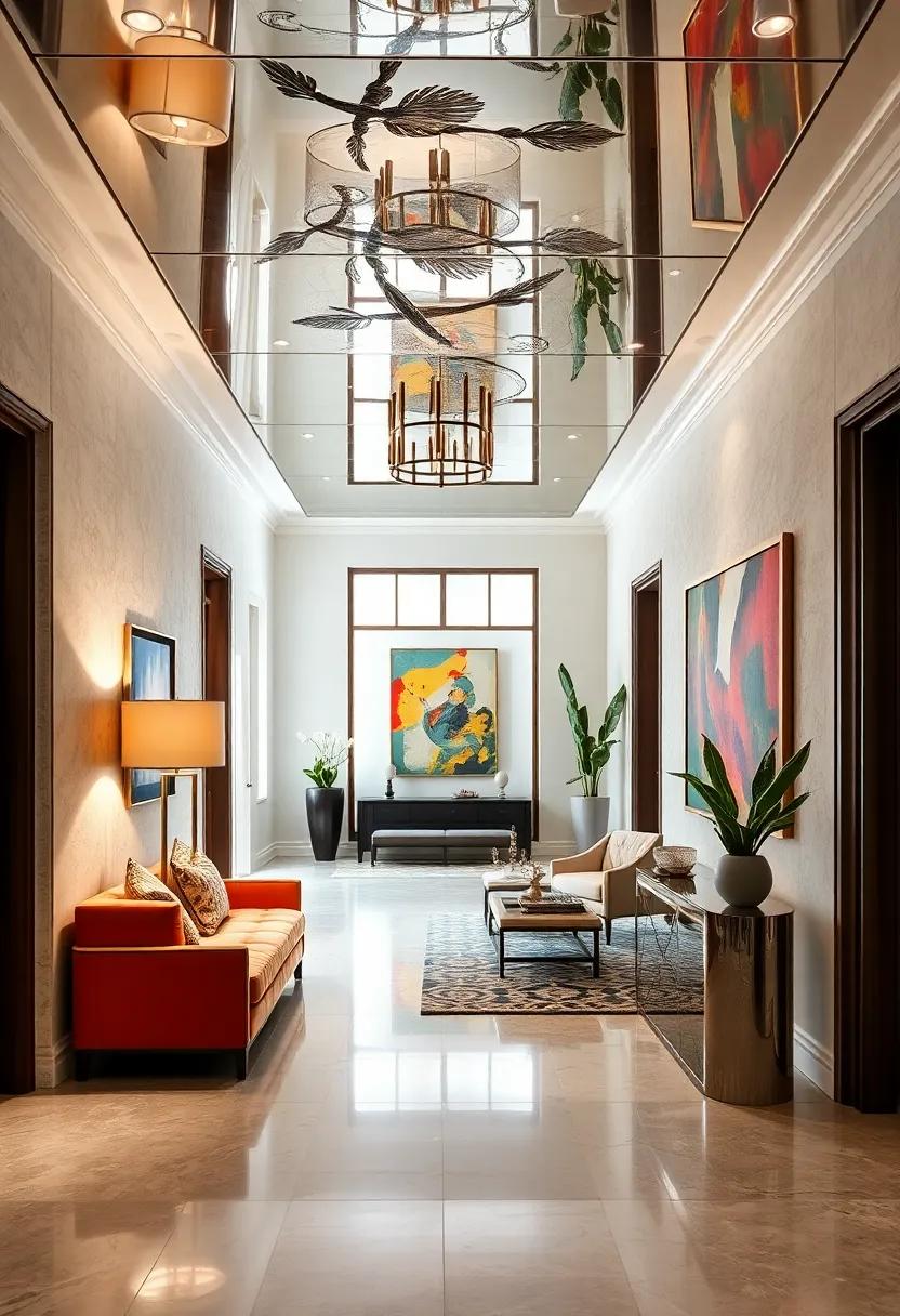 Elevating neutral toned Entryways ⁣by Reflecting Colorful Artwork Off Mirrored‍ Ceiling Panels
