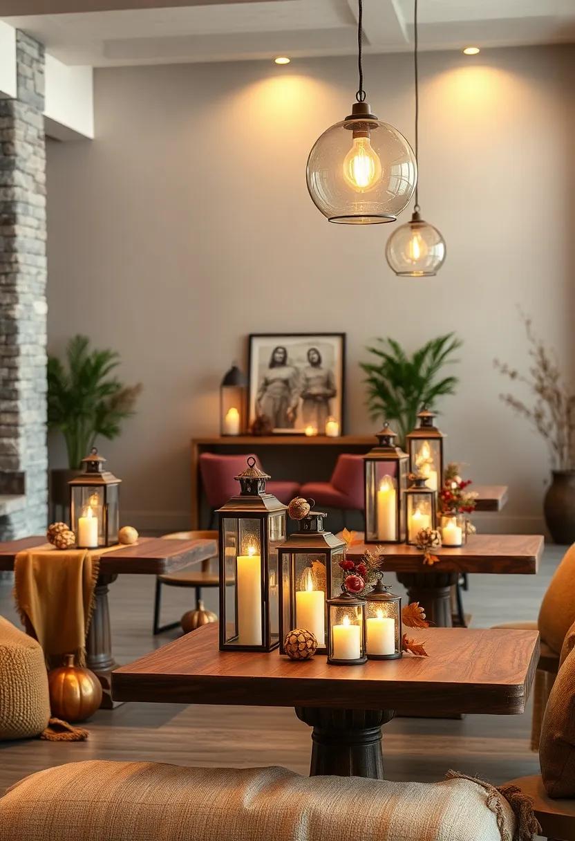 Rustic ‌Lanterns Casting Soft Glows ​over​ Wooden Tables Draped with Seasonal decor