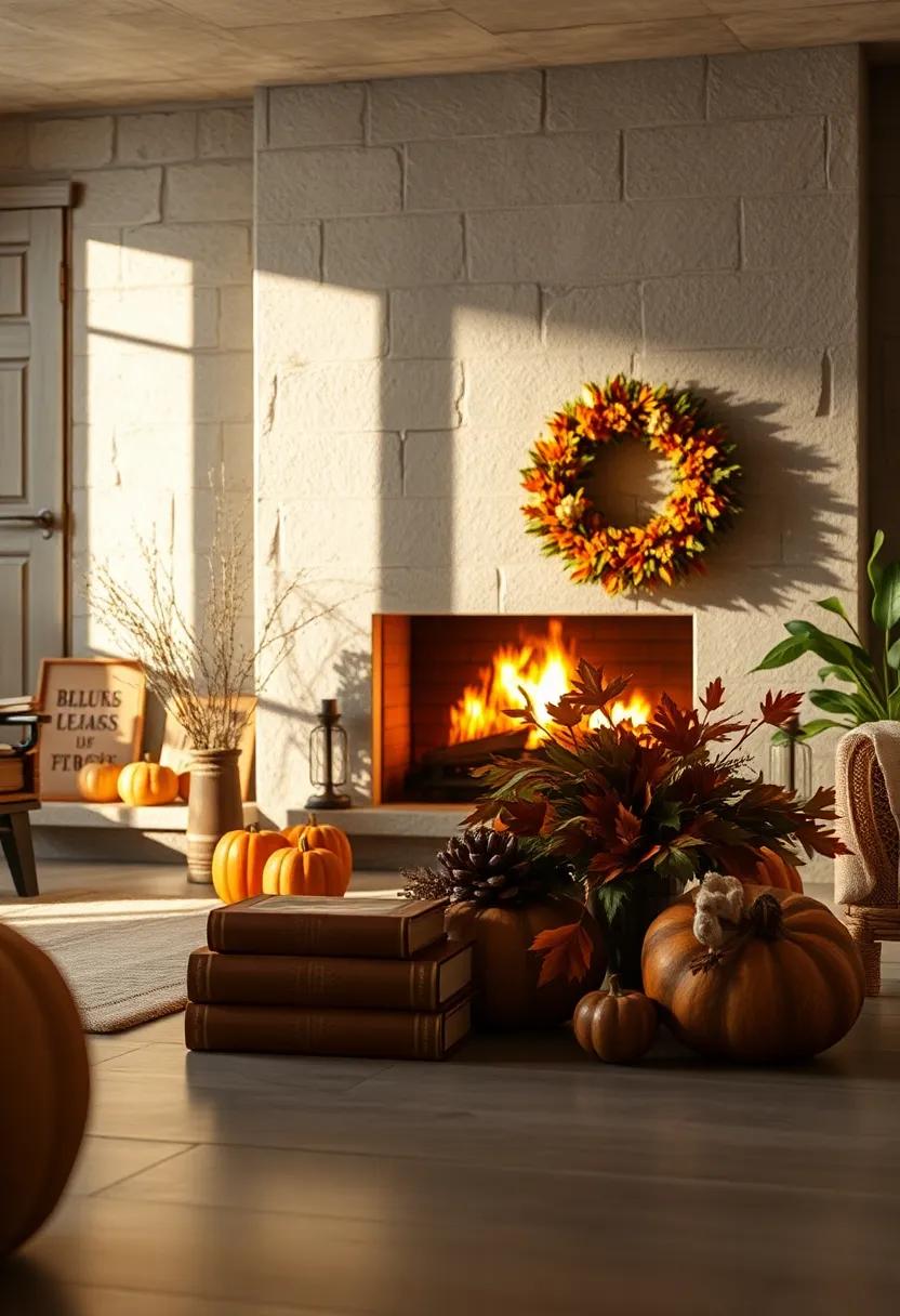 Glowing Fireplace Backdrops With Shadows Dancing on‍ Vintage ​Books and Autumn Wreaths
