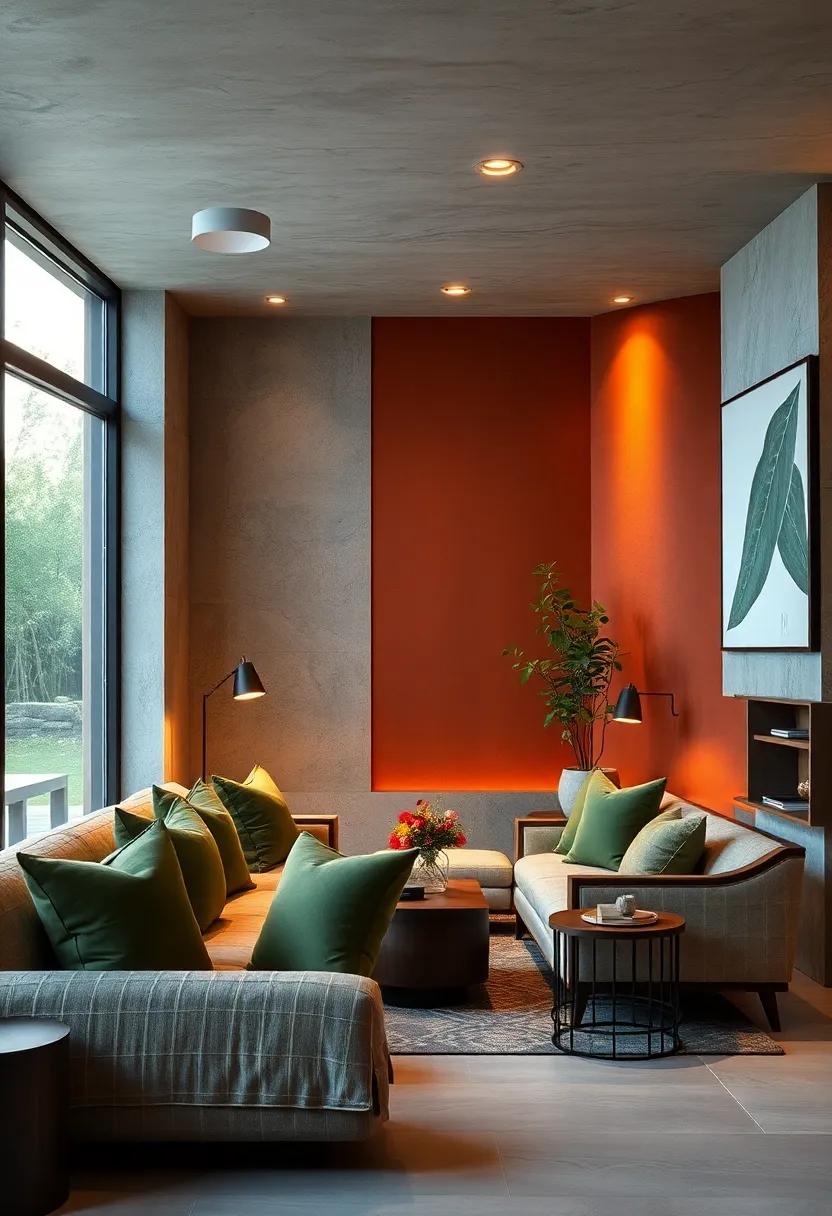 Moss Green ⁤Cushions and burnt⁣ Sienna Walls United by a Gentle warm Light Source