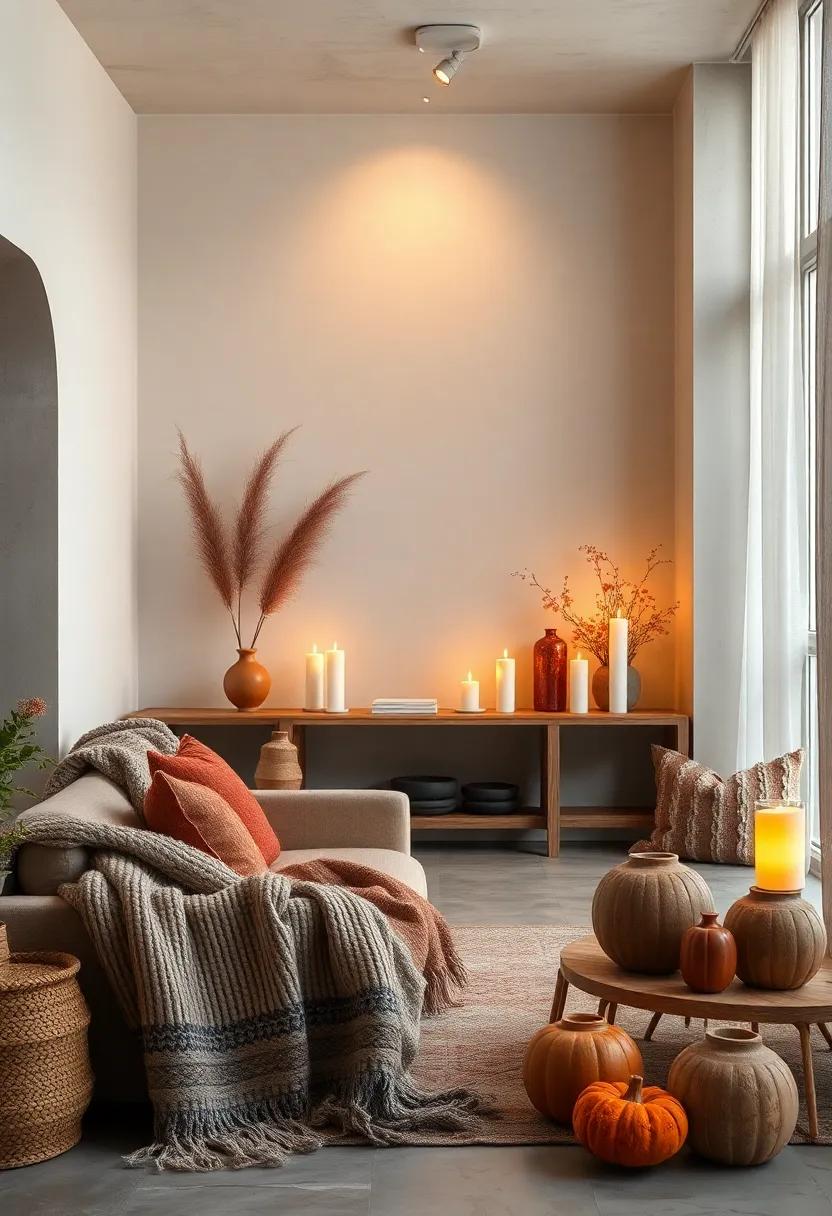 Soft Candlelight Glow Highlighting​ Handmade Knitted blankets and Autumnal Pottery