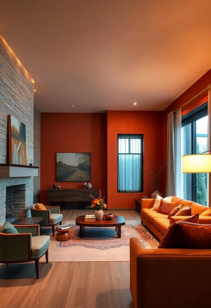 Burnt Orange Walls Accentuated by Soft Toscanalike Lamp Glow in Evening Settings