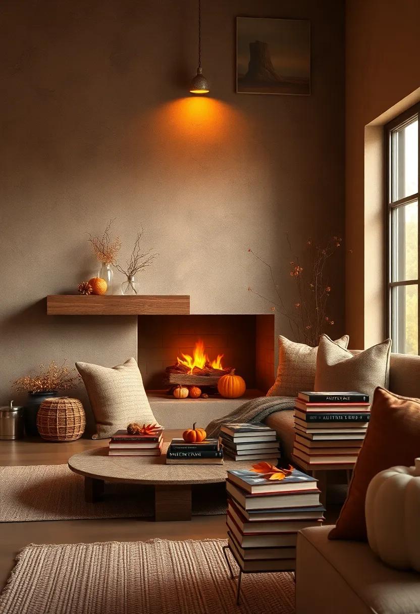 Hearthside Vignettes⁤ with Soft Amber⁤ Glows Illuminating Stacks of Autumnal novels