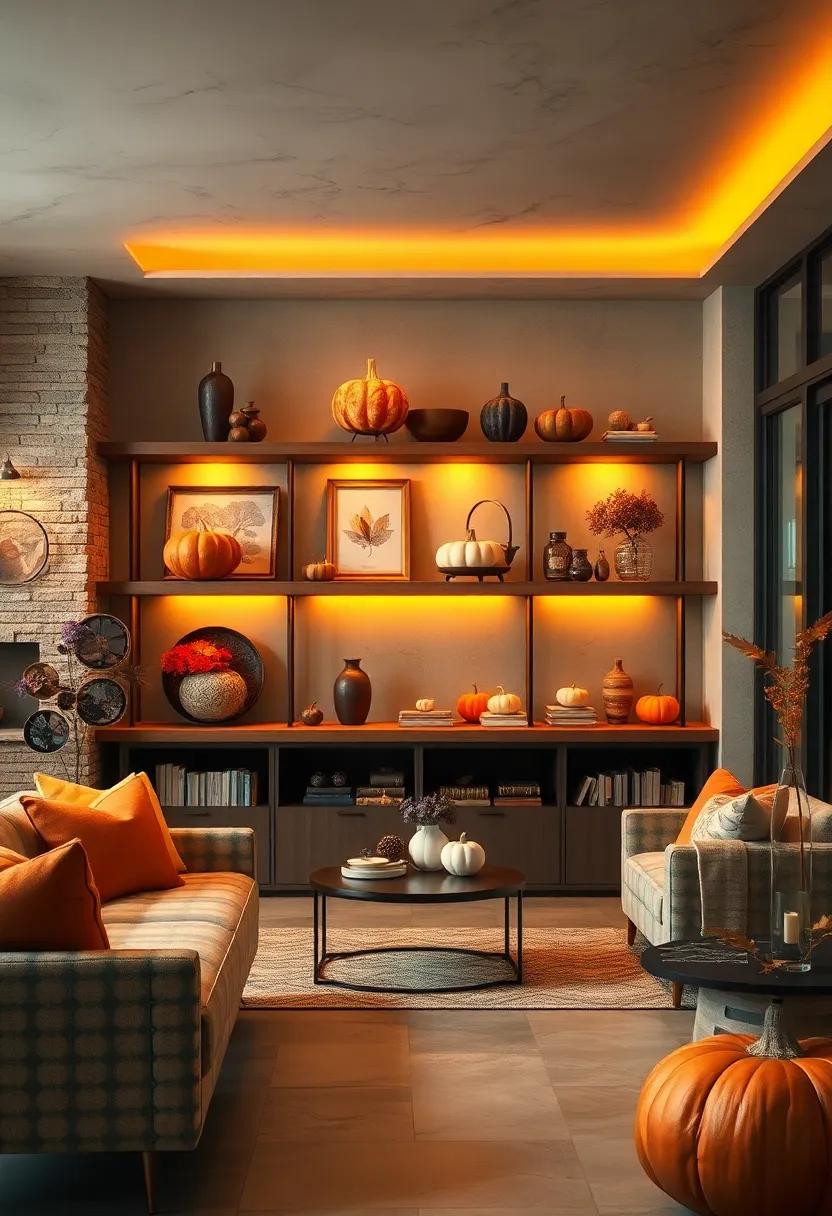 Tawny Lighting Layers Softening Edges of Rustic Shelves Lined With Harvest Treasures