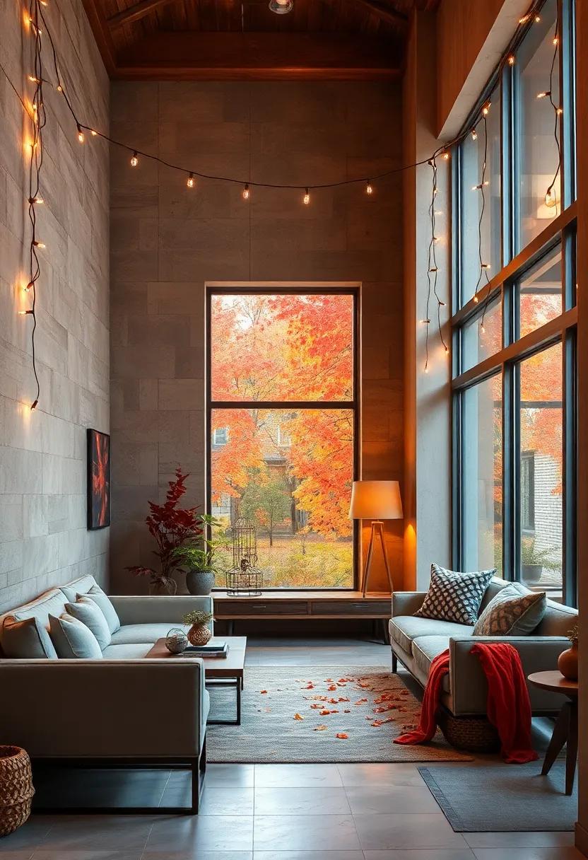 warm String Lights Draped Over Window Frames framing the Vibrancy of Fall Leaves