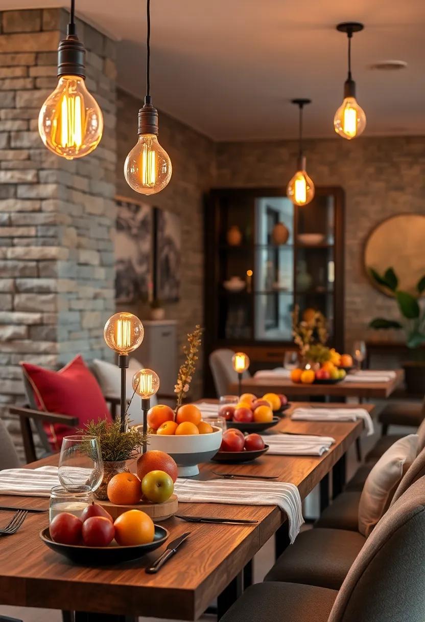 Amber Edison Bulbs Casting‍ Nostalgic Glows Over Tables Set with Seasonal Fruits