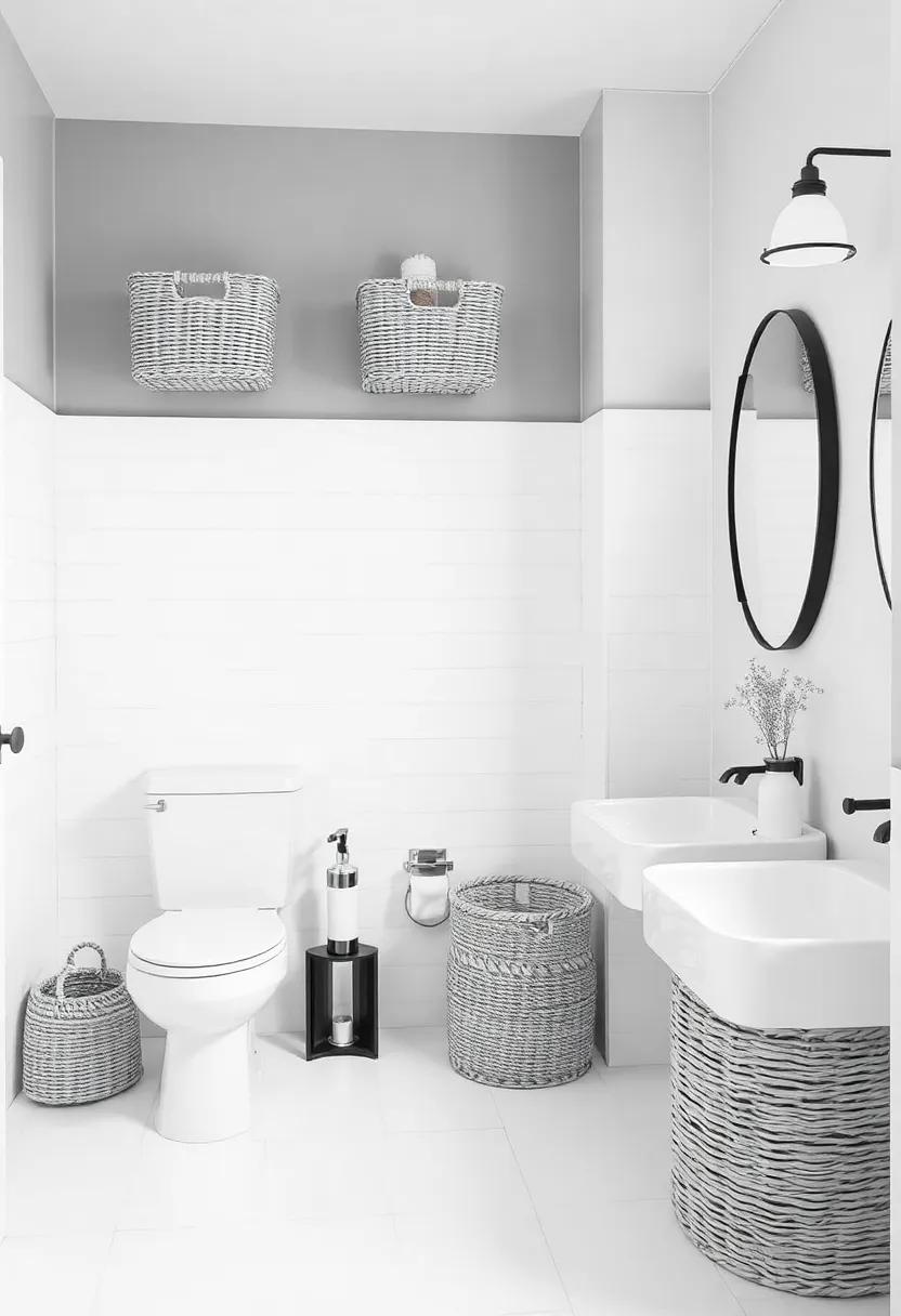 Basket Storage: Introduce woven baskets in black and white for stylish storage options that maintain the farmhouse vibe while keeping clutter at bay